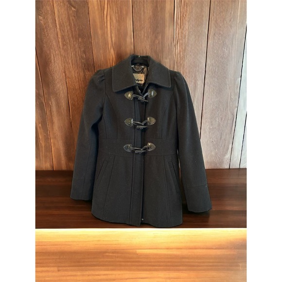 GUESS Los Angeles Wool Pea Coat Size Small Black Animal Print Interior - Picture 1 of 4